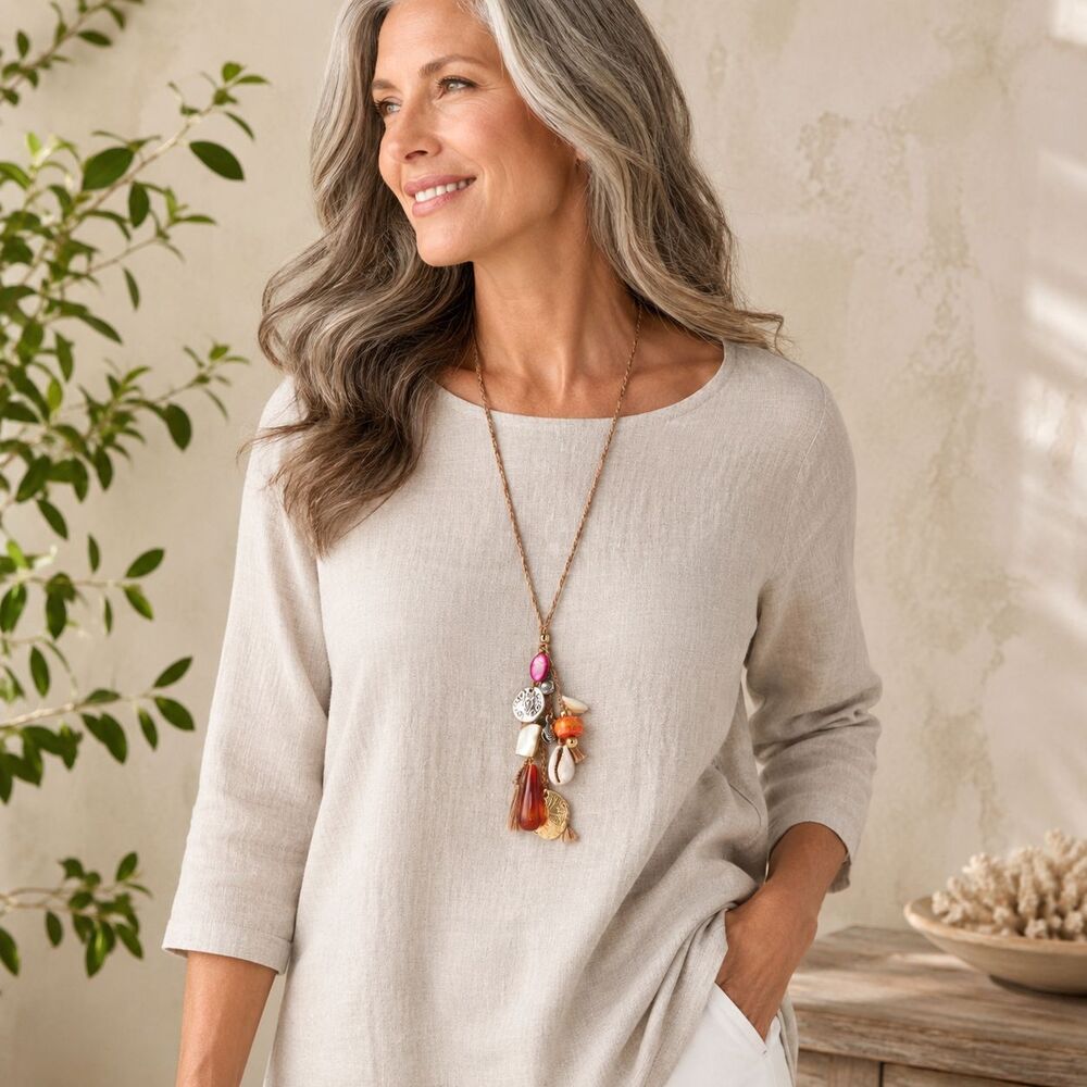 J Jill Charm Necklace Tassel Pendant Agate Shell Cord Beach Boho Coastal Summer
